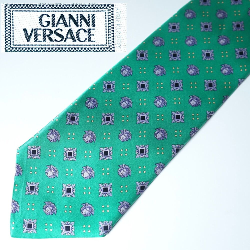 Gianni Versace Vintage Neck Tie Green Aqua Medallion Logo Pattern